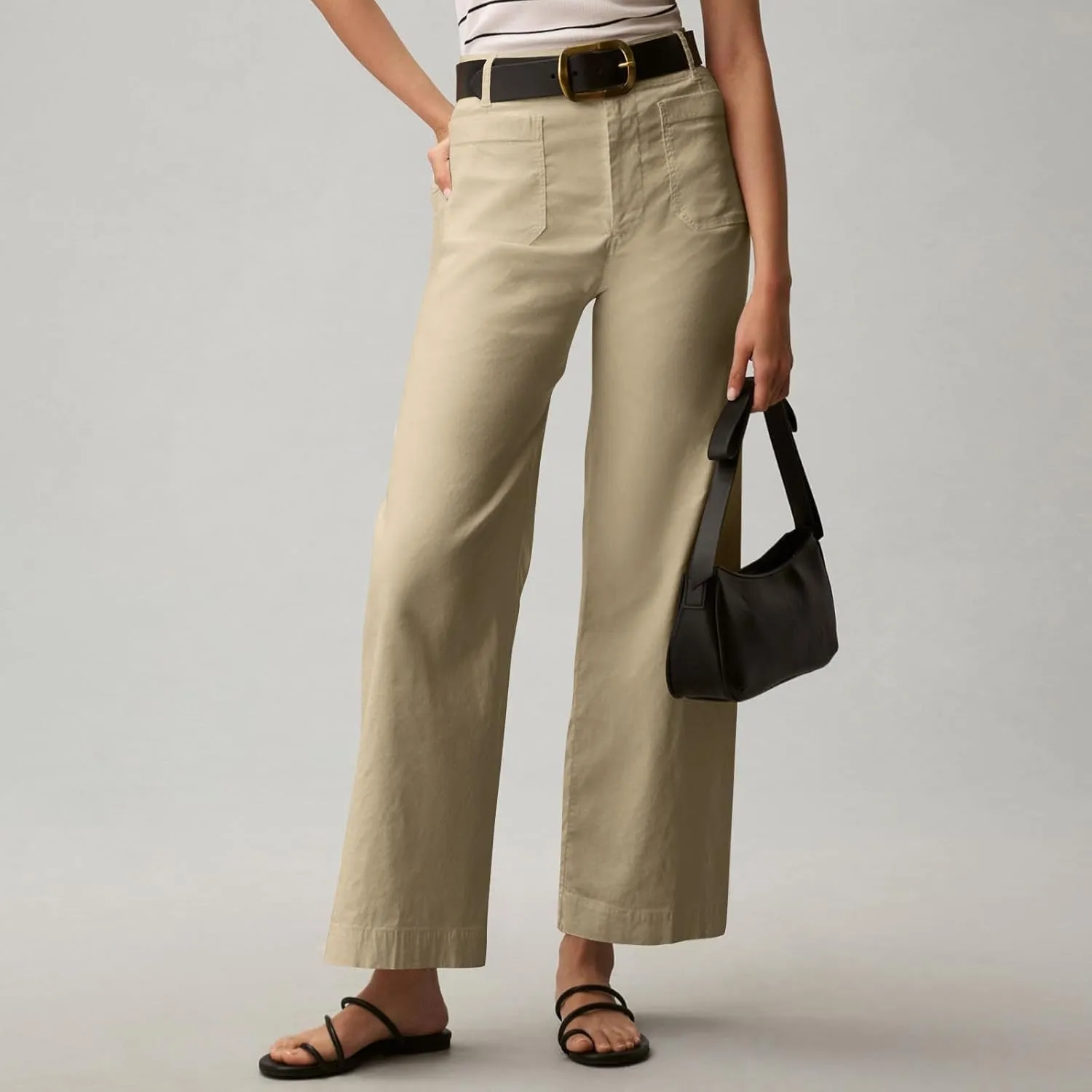 Pull-On Chino Pants Women Casual Business Cropped Work Pants High Waisted Casual Straight Leg Ankle Pants w/Pockets