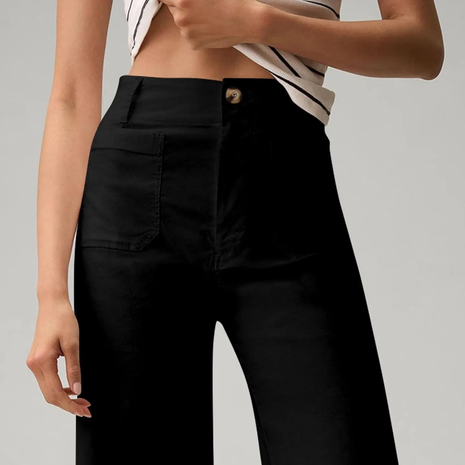 Pull-On Chino Pants Women Casual Business Cropped Work Pants High Waisted Casual Straight Leg Ankle Pants w/Pockets