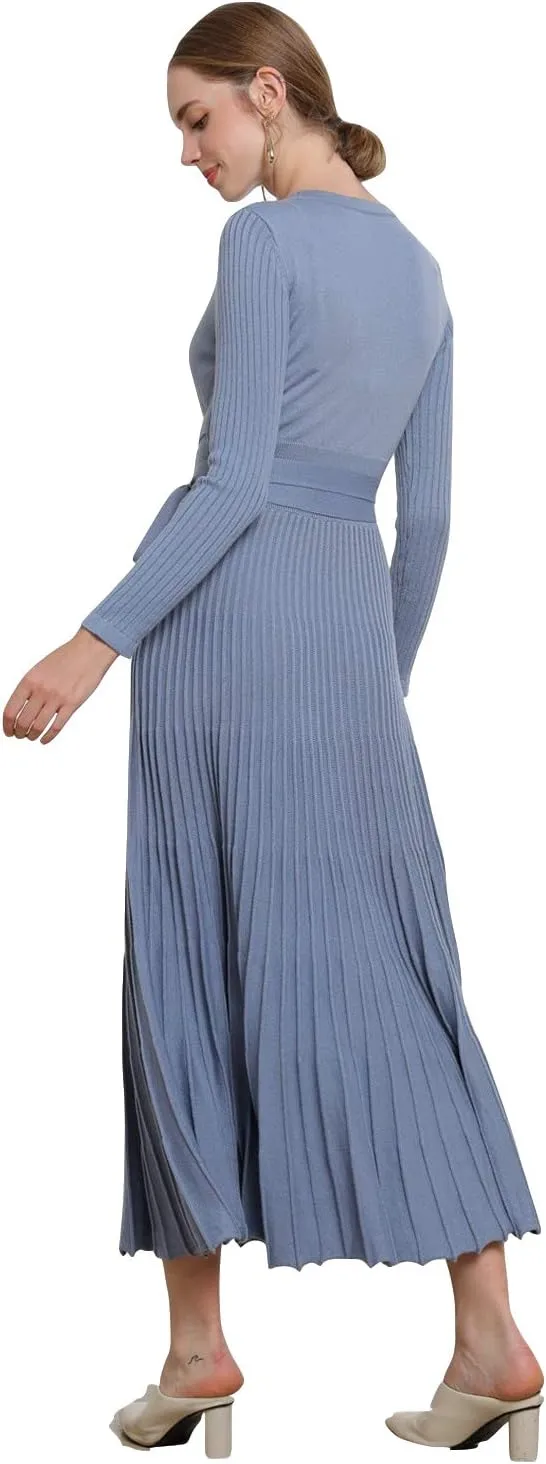 RanRui Womens Winter Fall Pleated Knitted Fit and Flare Long Sleeve Sweater Dress