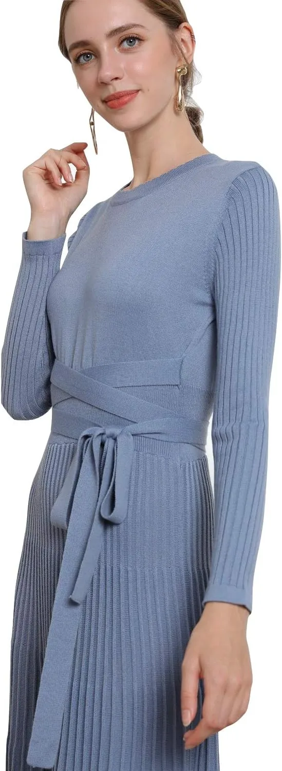 RanRui Womens Winter Fall Pleated Knitted Fit and Flare Long Sleeve Sweater Dress