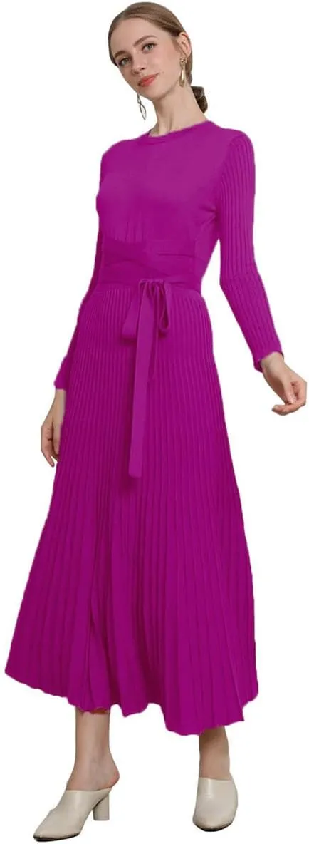 RanRui Womens Winter Fall Pleated Knitted Fit and Flare Long Sleeve Sweater Dress