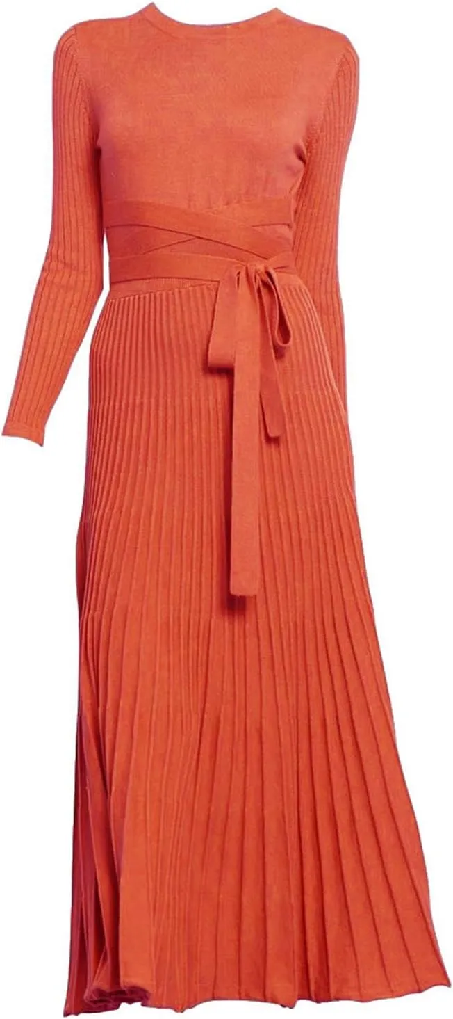 RanRui Womens Winter Fall Pleated Knitted Fit and Flare Long Sleeve Sweater Dress