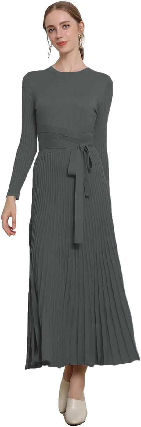 RanRui Womens Winter Fall Pleated Knitted Fit and Flare Long Sleeve Sweater Dress