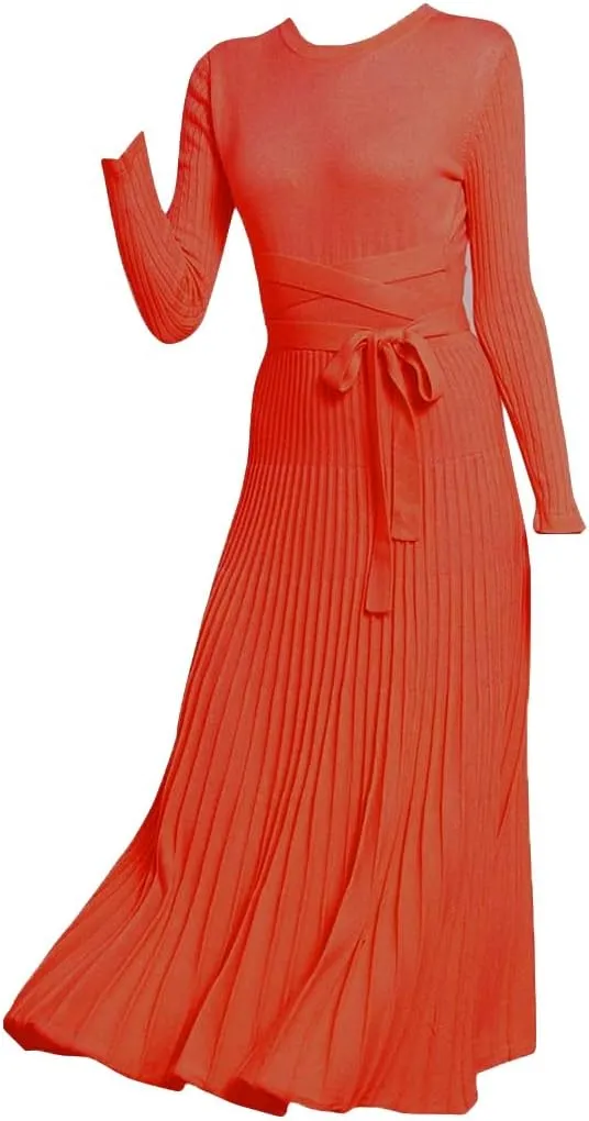 RanRui Womens Winter Fall Pleated Knitted Fit and Flare Long Sleeve Sweater Dress