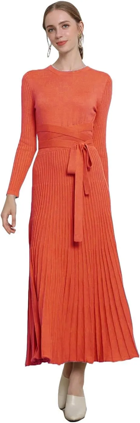 RanRui Womens Winter Fall Pleated Knitted Fit and Flare Long Sleeve Sweater Dress