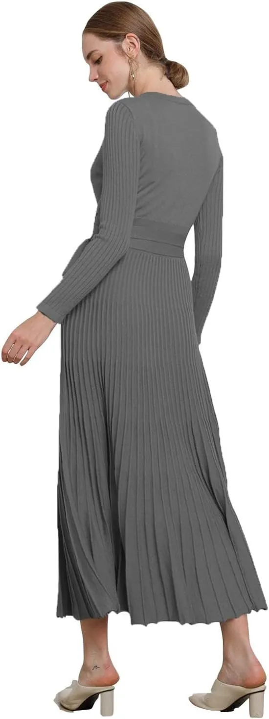 RanRui Womens Winter Fall Pleated Knitted Fit and Flare Long Sleeve Sweater Dress