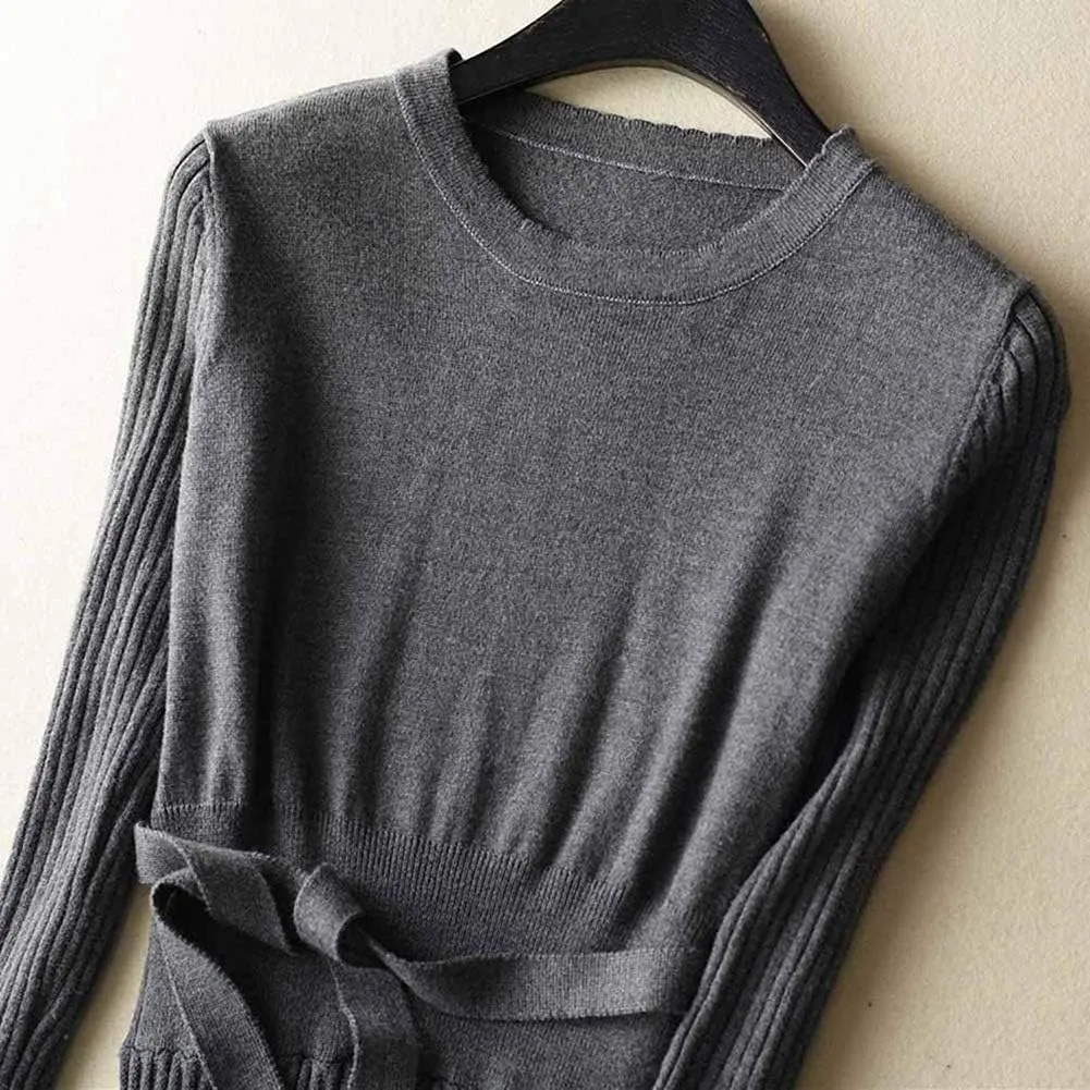 RanRui Womens Winter Fall Pleated Knitted Fit and Flare Long Sleeve Sweater Dress