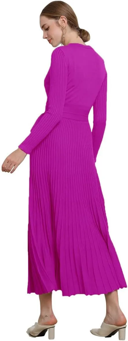 RanRui Womens Winter Fall Pleated Knitted Fit and Flare Long Sleeve Sweater Dress