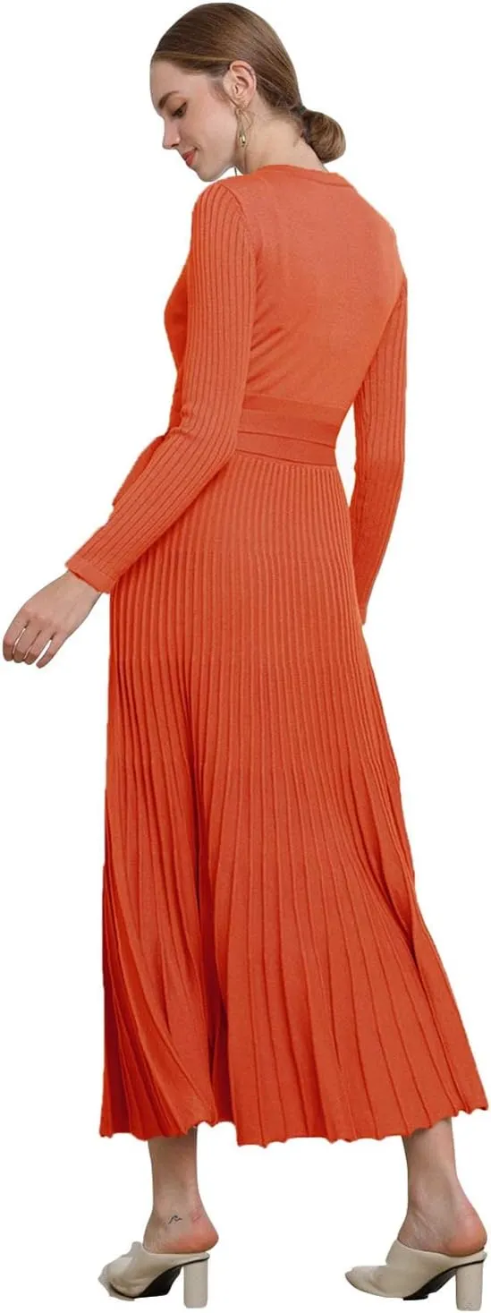 RanRui Womens Winter Fall Pleated Knitted Fit and Flare Long Sleeve Sweater Dress