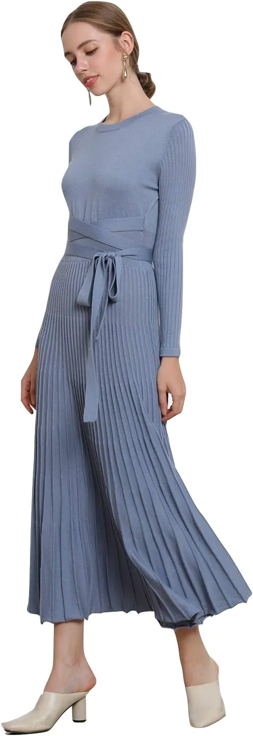 RanRui Womens Winter Fall Pleated Knitted Fit and Flare Long Sleeve Sweater Dress