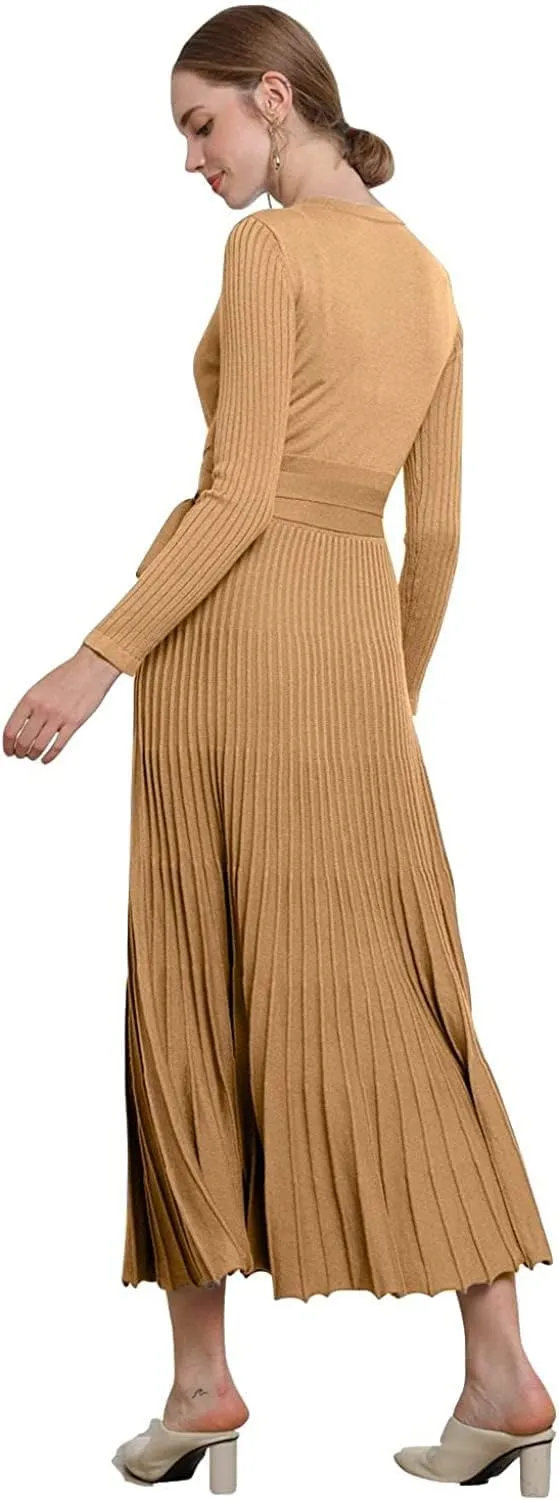 RanRui Womens Winter Fall Pleated Knitted Fit and Flare Long Sleeve Sweater Dress