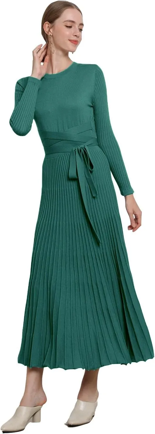 RanRui Womens Winter Fall Pleated Knitted Fit and Flare Long Sleeve Sweater Dress
