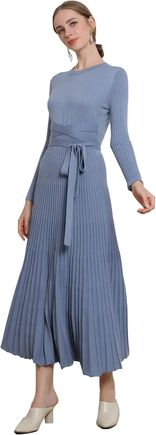 RanRui Womens Winter Fall Pleated Knitted Fit and Flare Long Sleeve Sweater Dress