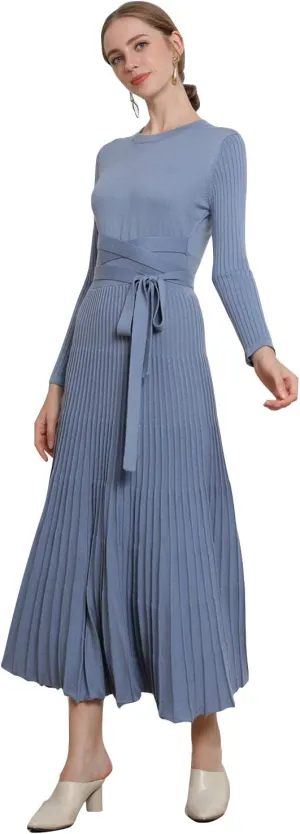 RanRui Womens Winter Fall Pleated Knitted Fit and Flare Long Sleeve Sweater Dress