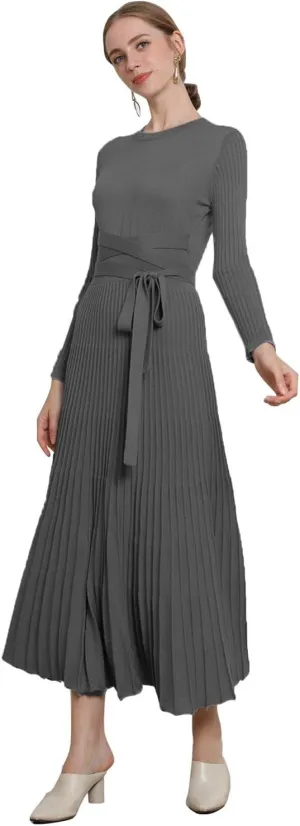 RanRui Womens Winter Fall Pleated Knitted Fit and Flare Long Sleeve Sweater Dress