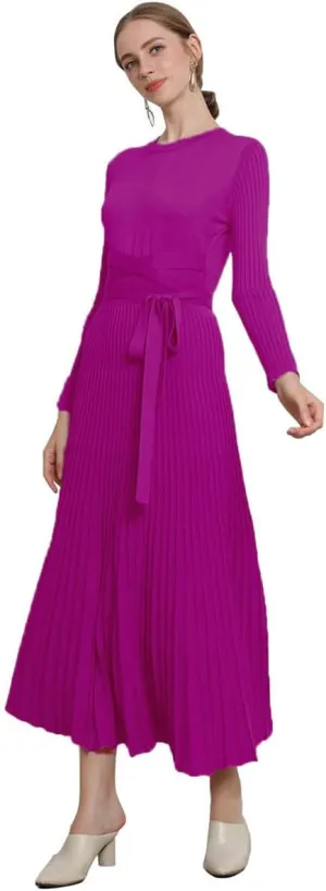 RanRui Womens Winter Fall Pleated Knitted Fit and Flare Long Sleeve Sweater Dress