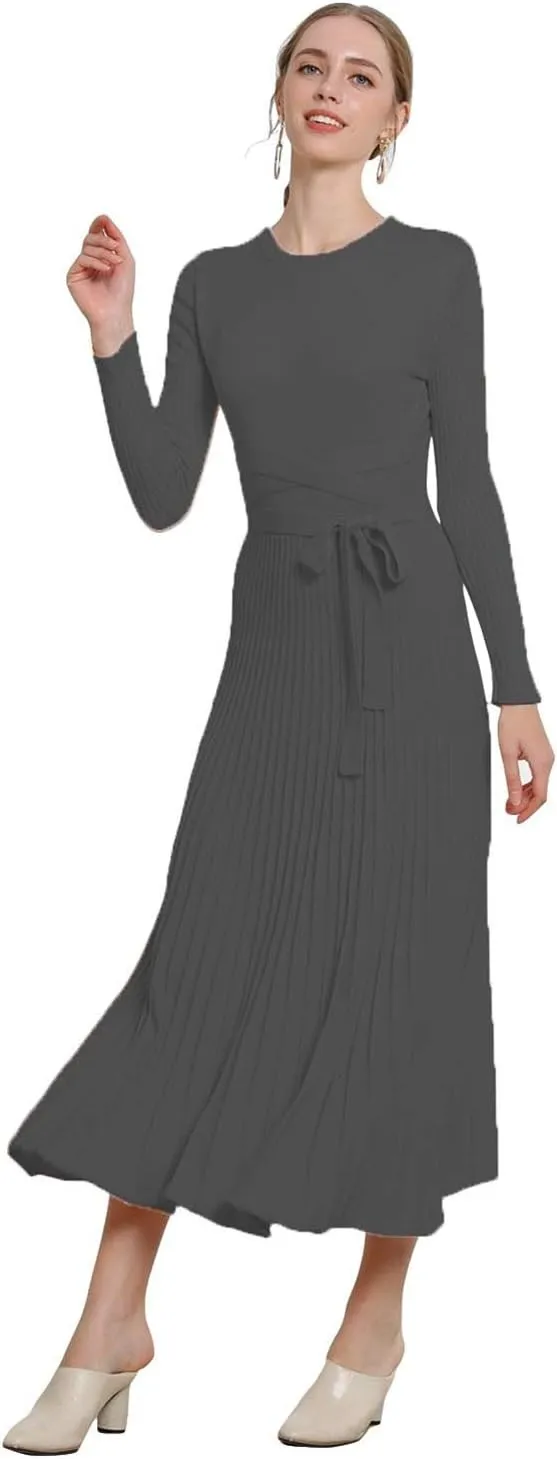 RanRui Womens Winter Fall Pleated Knitted Fit and Flare Long Sleeve Sweater Dress