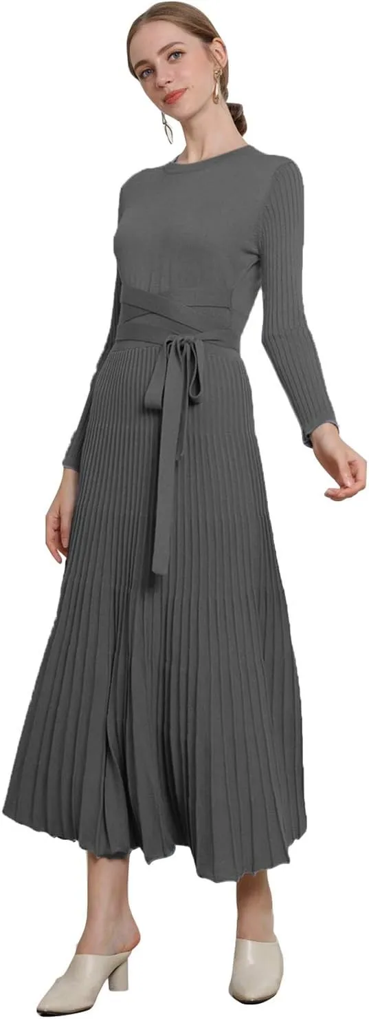 RanRui Womens Winter Fall Pleated Knitted Fit and Flare Long Sleeve Sweater Dress