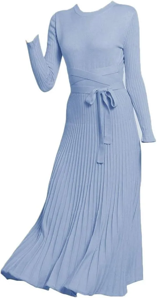RanRui Womens Winter Fall Pleated Knitted Fit and Flare Long Sleeve Sweater Dress