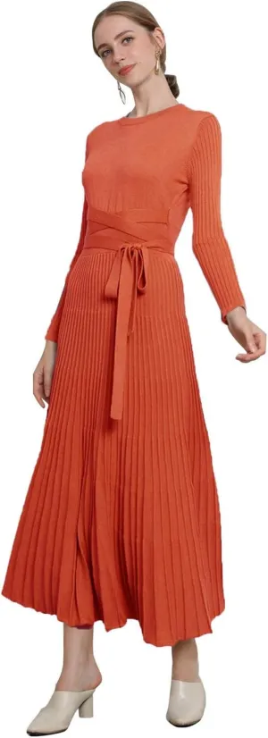 RanRui Womens Winter Fall Pleated Knitted Fit and Flare Long Sleeve Sweater Dress