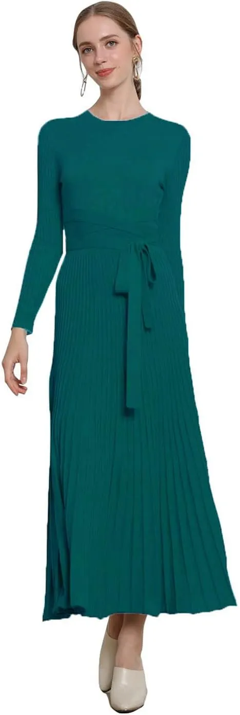 RanRui Womens Winter Fall Pleated Knitted Fit and Flare Long Sleeve Sweater Dress