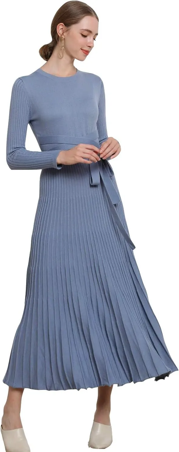 RanRui Womens Winter Fall Pleated Knitted Fit and Flare Long Sleeve Sweater Dress