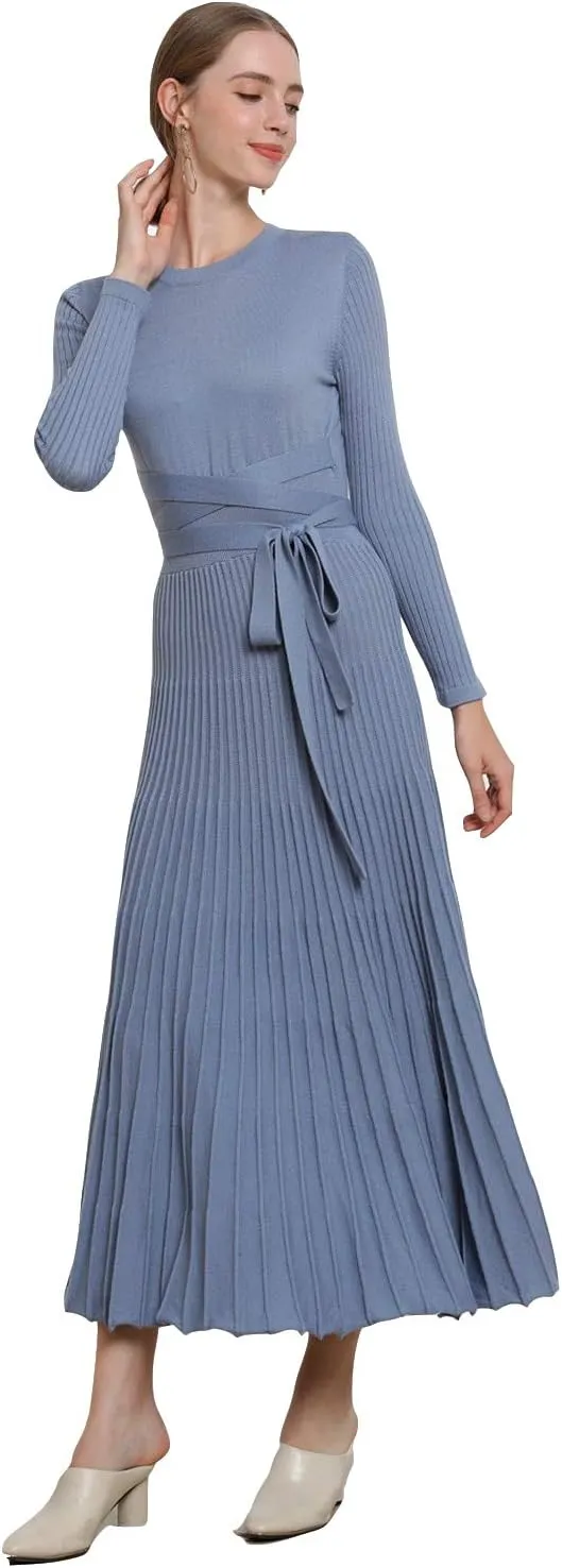 RanRui Womens Winter Fall Pleated Knitted Fit and Flare Long Sleeve Sweater Dress