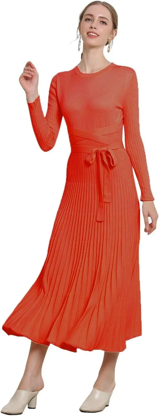 RanRui Womens Winter Fall Pleated Knitted Fit and Flare Long Sleeve Sweater Dress