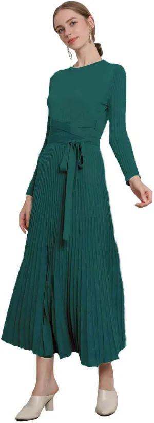 RanRui Womens Winter Fall Pleated Knitted Fit and Flare Long Sleeve Sweater Dress