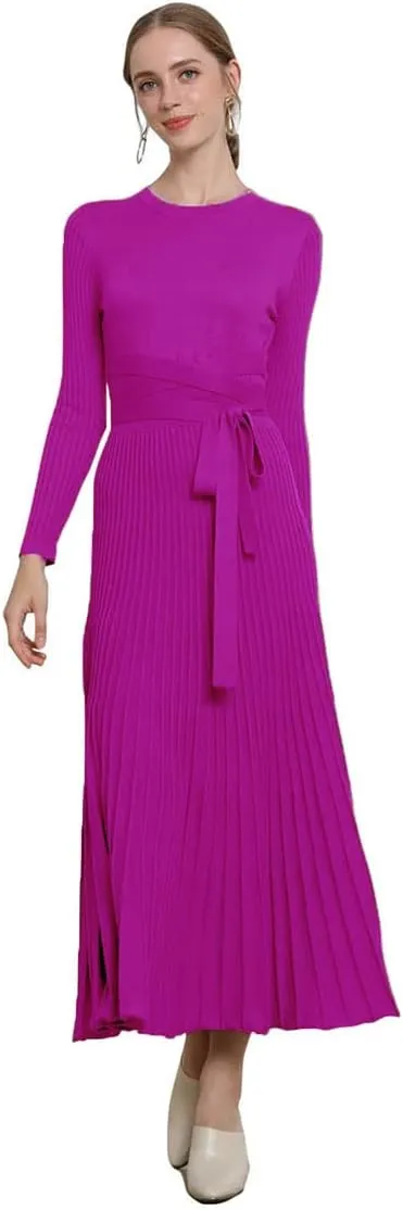 RanRui Womens Winter Fall Pleated Knitted Fit and Flare Long Sleeve Sweater Dress