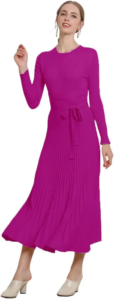 RanRui Womens Winter Fall Pleated Knitted Fit and Flare Long Sleeve Sweater Dress