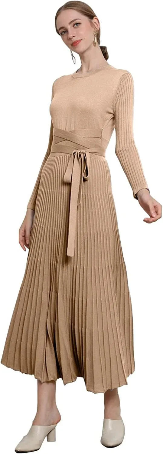 RanRui Womens Winter Fall Pleated Knitted Fit and Flare Long Sleeve Sweater Dress