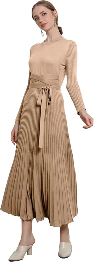 RanRui Womens Winter Fall Pleated Knitted Fit and Flare Long Sleeve Sweater Dress