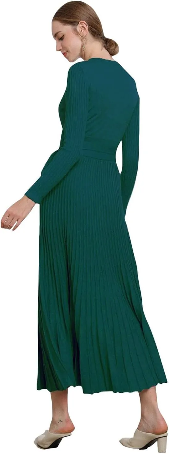 RanRui Womens Winter Fall Pleated Knitted Fit and Flare Long Sleeve Sweater Dress
