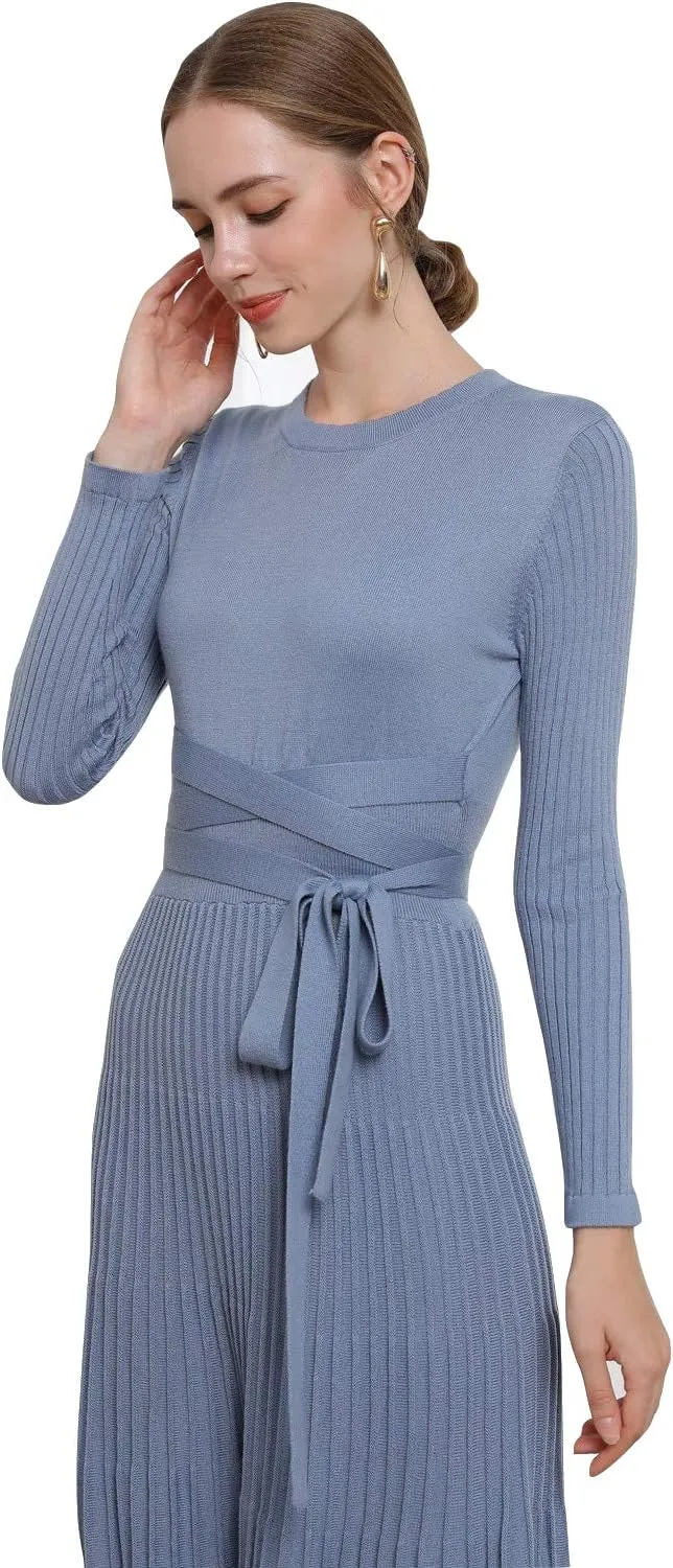 RanRui Womens Winter Fall Pleated Knitted Fit and Flare Long Sleeve Sweater Dress
