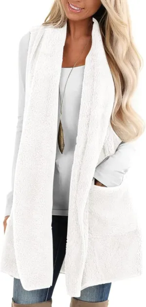 ReachMe Womens Sleeveless Sherpa Vest with Pockets Lapel Open Front Fleece Cardigan Sweater Fuzzy Jacket Coat