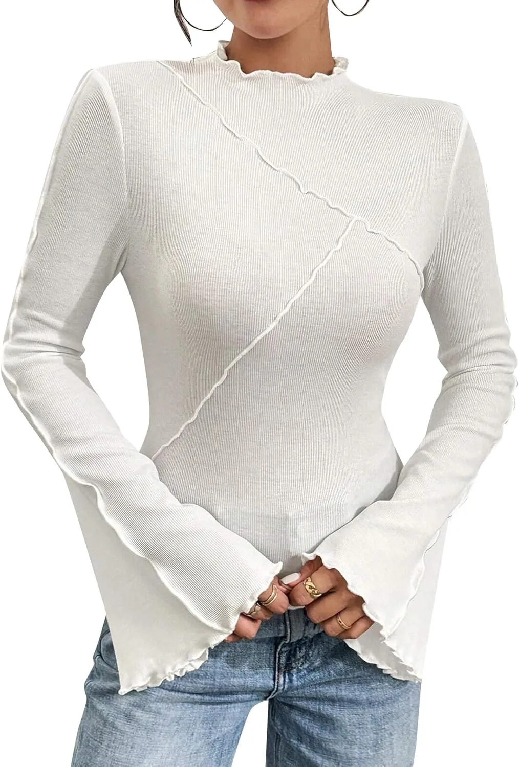 Remidoo Womens Mock Neck Bell Long Sleeve T Shirt Lettuce Trim Fitted Shirt