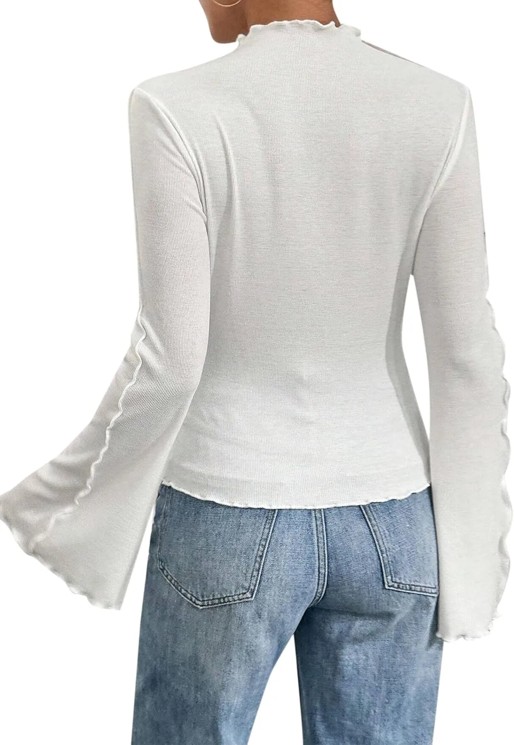Remidoo Womens Mock Neck Bell Long Sleeve T Shirt Lettuce Trim Fitted Shirt