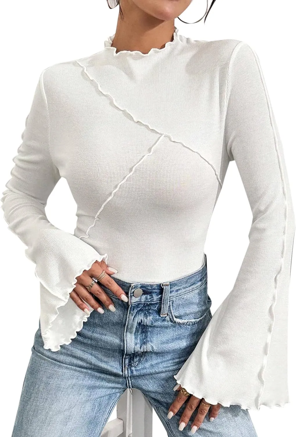 Remidoo Womens Mock Neck Bell Long Sleeve T Shirt Lettuce Trim Fitted Shirt
