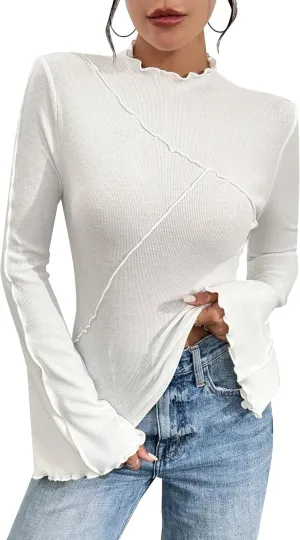 Remidoo Womens Mock Neck Bell Long Sleeve T Shirt Lettuce Trim Fitted Shirt