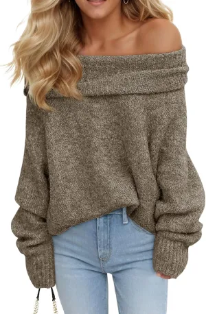 Saodimallsu Womens Off The Shoulder Sweaters Long Sleeve Slouchy Knitted Casual Loose Fall Trendy Pullover Tops