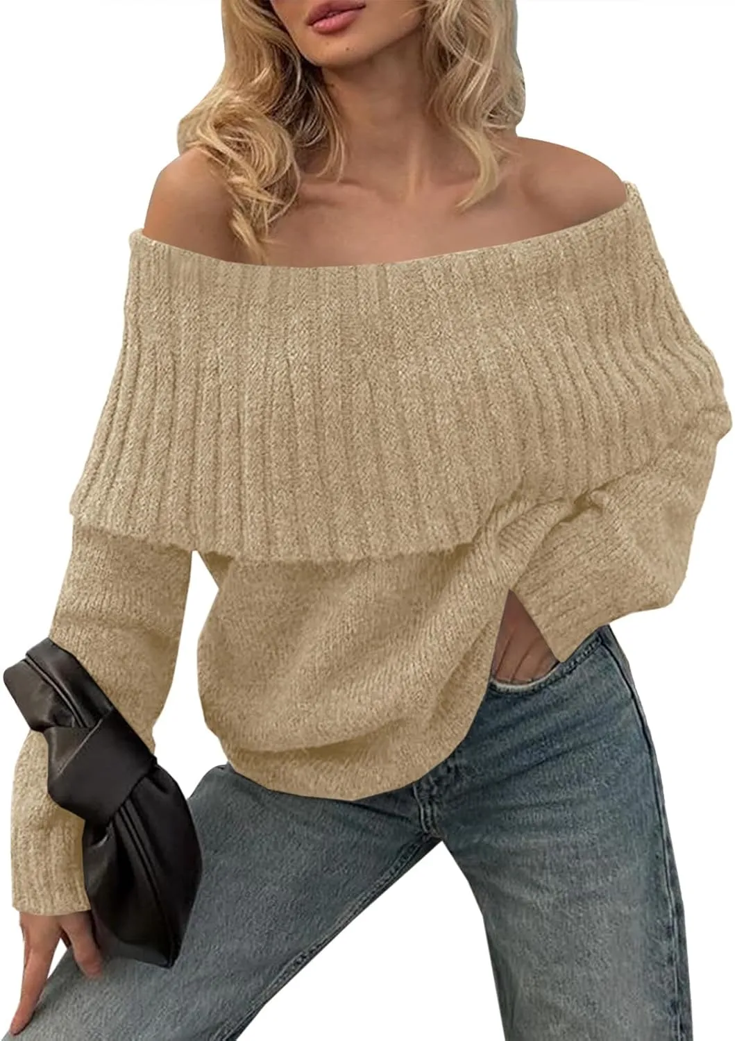 Saodimallsu Womens Off The Shoulder Sweaters Long Sleeve Slouchy Knitted Casual Loose Fall Trendy Pullover Tops