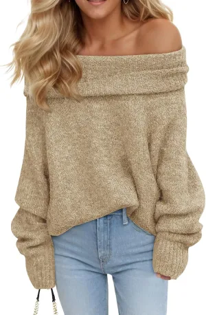Saodimallsu Womens Off The Shoulder Sweaters Long Sleeve Slouchy Knitted Casual Loose Fall Trendy Pullover Tops