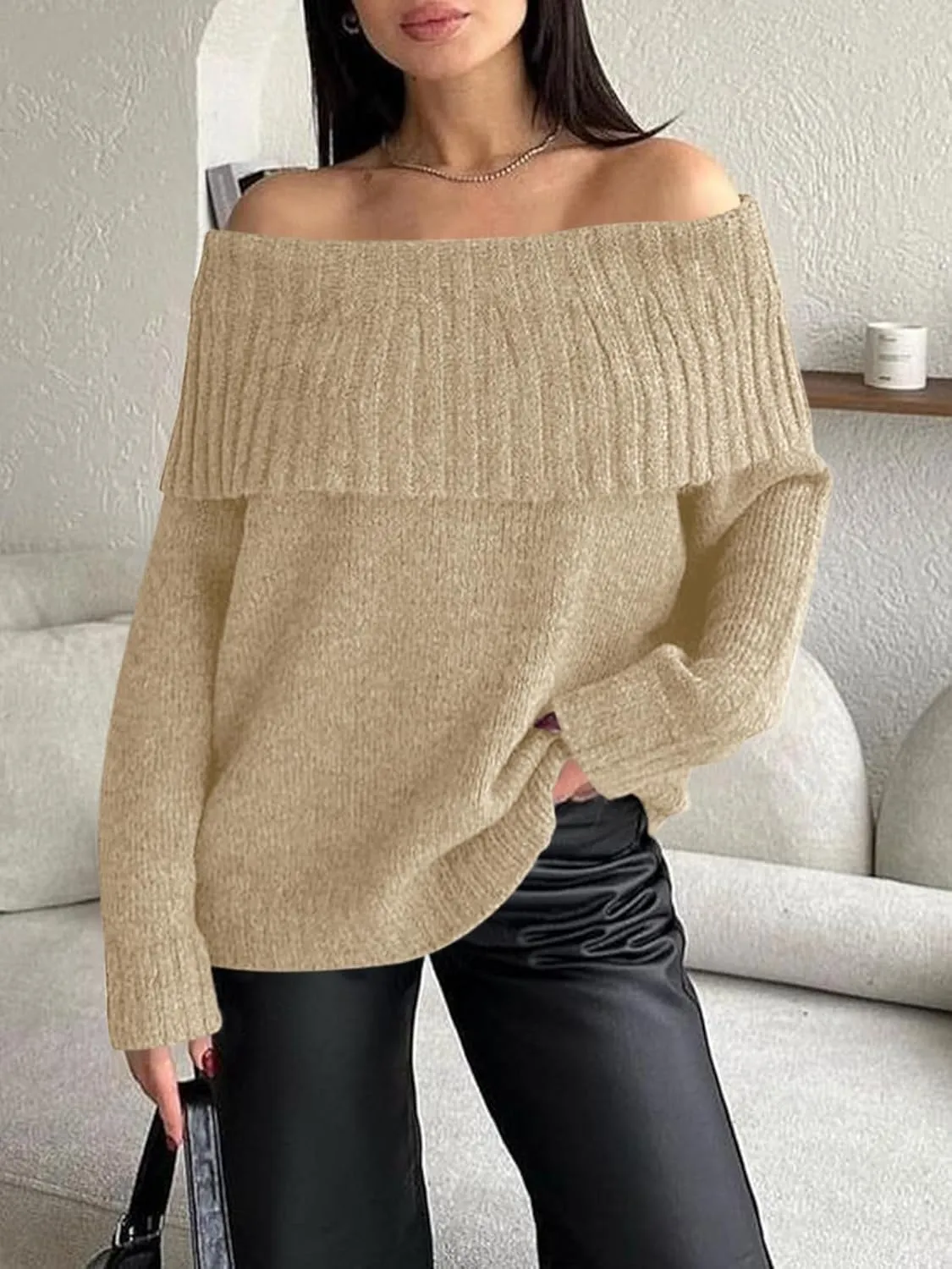 Saodimallsu Womens Off The Shoulder Sweaters Long Sleeve Slouchy Knitted Casual Loose Fall Trendy Pullover Tops