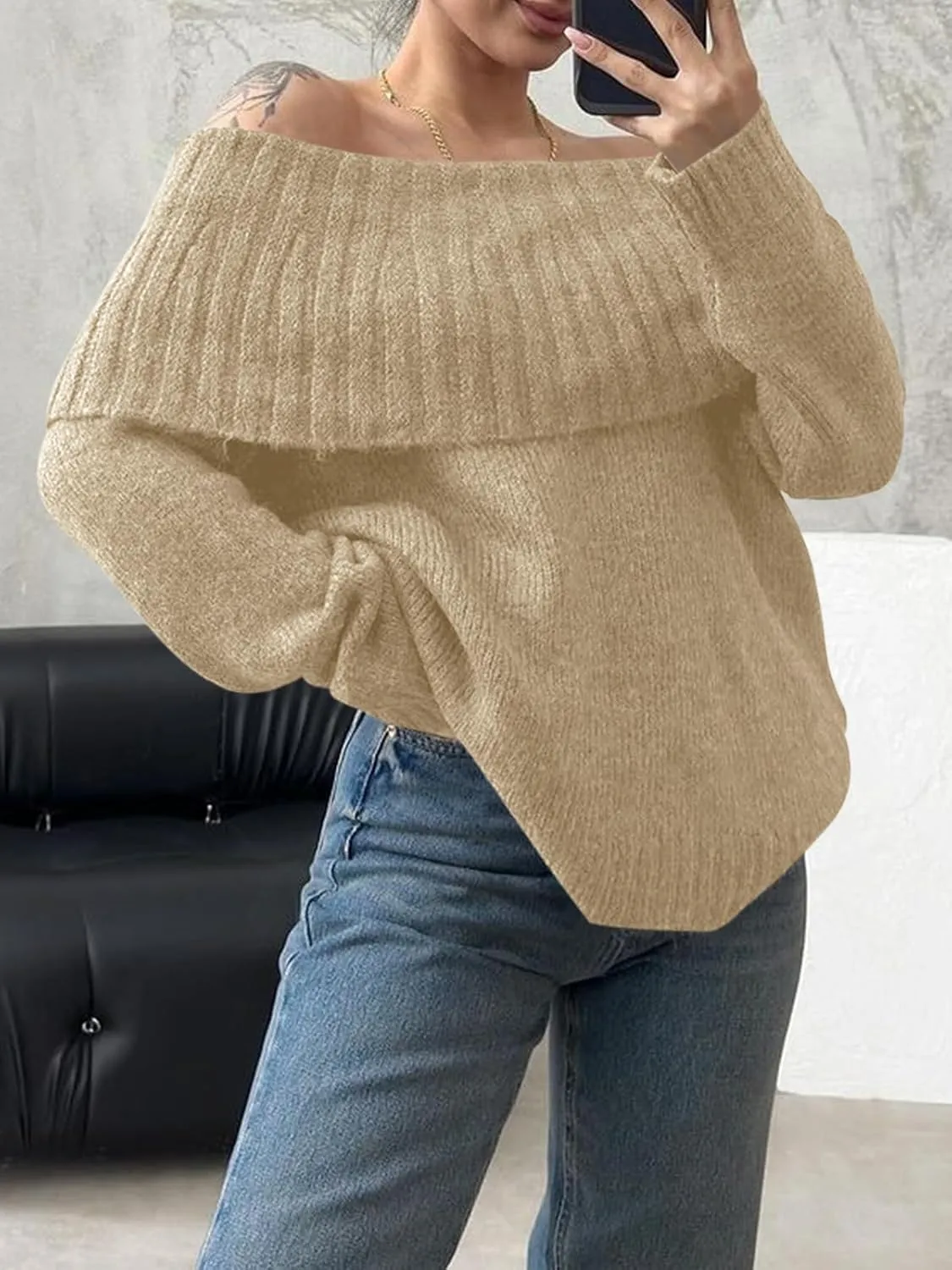 Saodimallsu Womens Off The Shoulder Sweaters Long Sleeve Slouchy Knitted Casual Loose Fall Trendy Pullover Tops