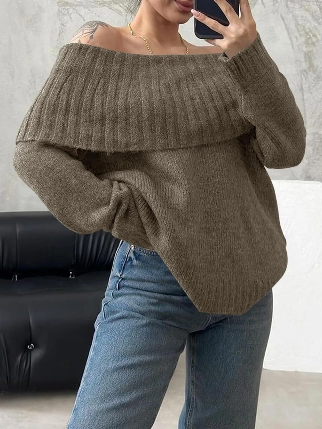 Saodimallsu Womens Off The Shoulder Sweaters Long Sleeve Slouchy Knitted Casual Loose Fall Trendy Pullover Tops