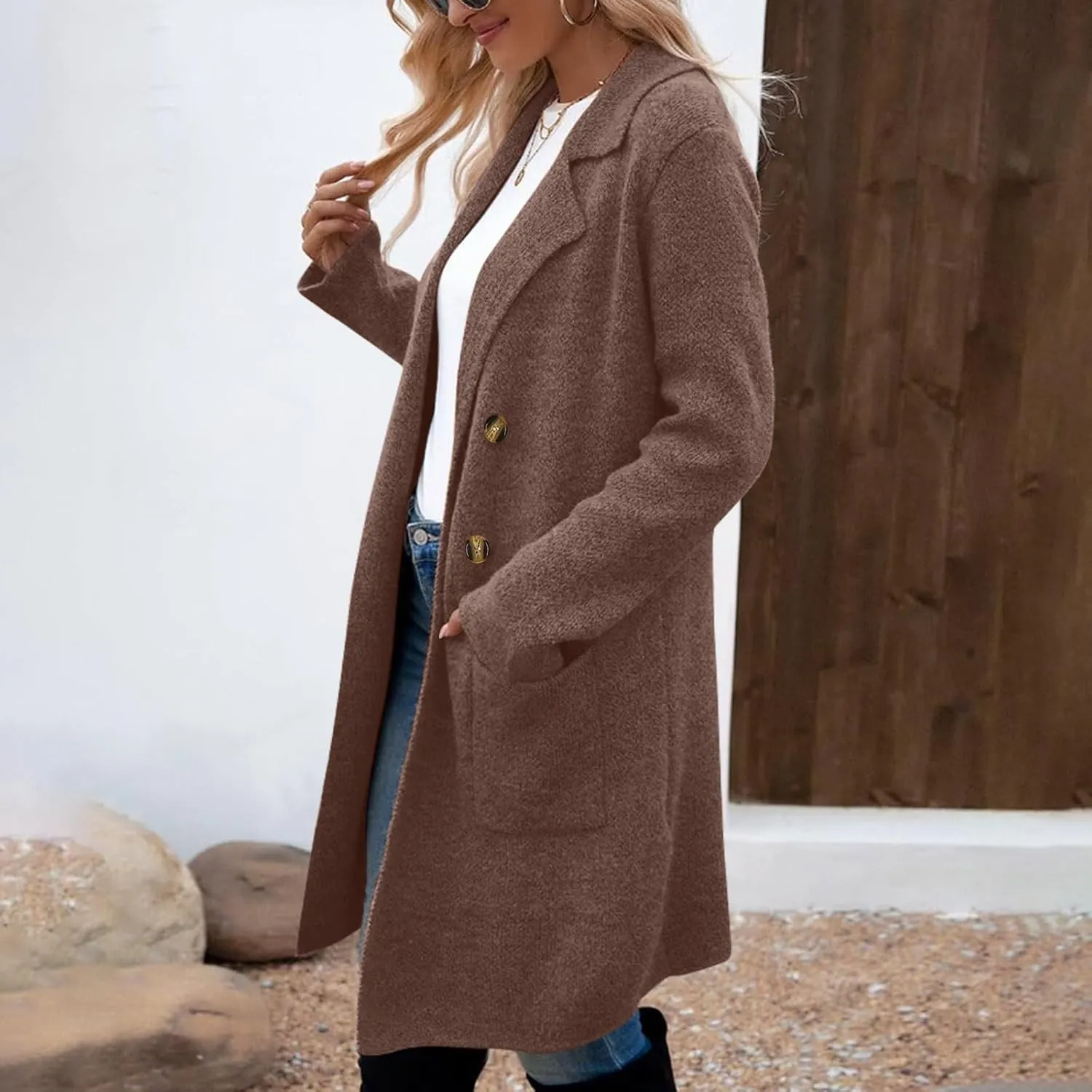 SEAOPEN Pea Coats for Women Thick Wool Trench Coat Long Double Breasted Peacoats Lapel Open Front Jacket with Pockets
