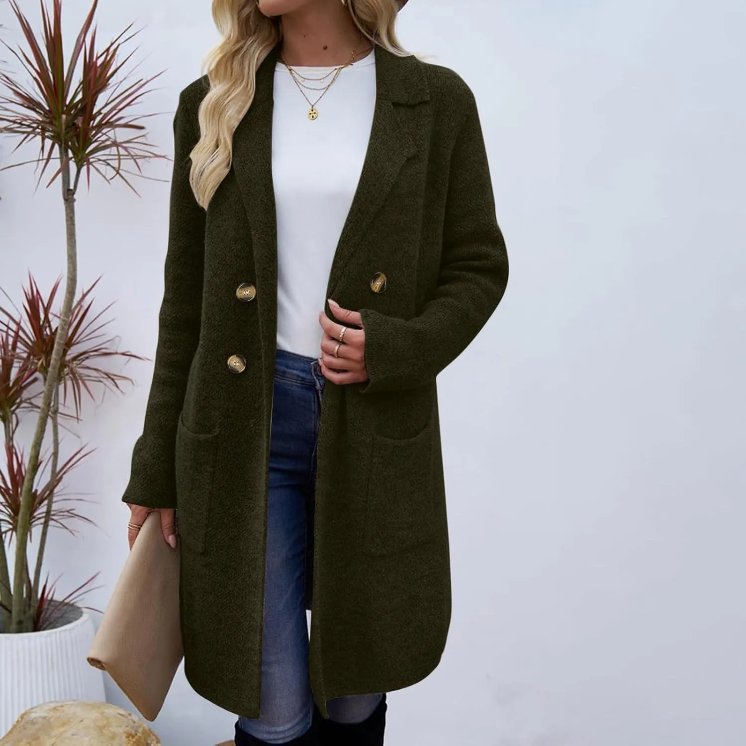 SEAOPEN Pea Coats for Women Thick Wool Trench Coat Long Double Breasted Peacoats Lapel Open Front Jacket with Pockets