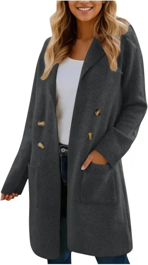 SEAOPEN Pea Coats for Women Thick Wool Trench Coat Long Double Breasted Peacoats Lapel Open Front Jacket with Pockets