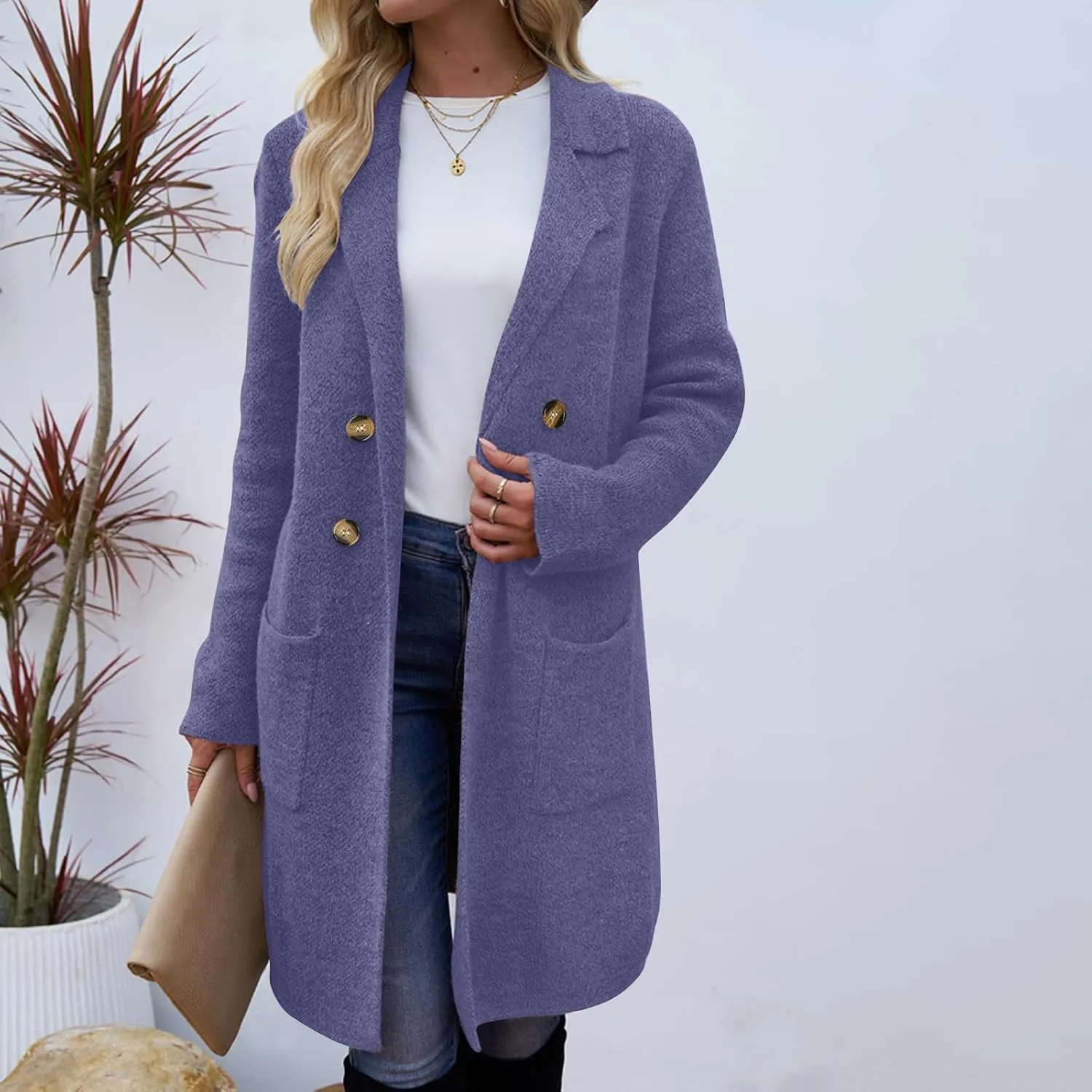 SEAOPEN Pea Coats for Women Thick Wool Trench Coat Long Double Breasted Peacoats Lapel Open Front Jacket with Pockets